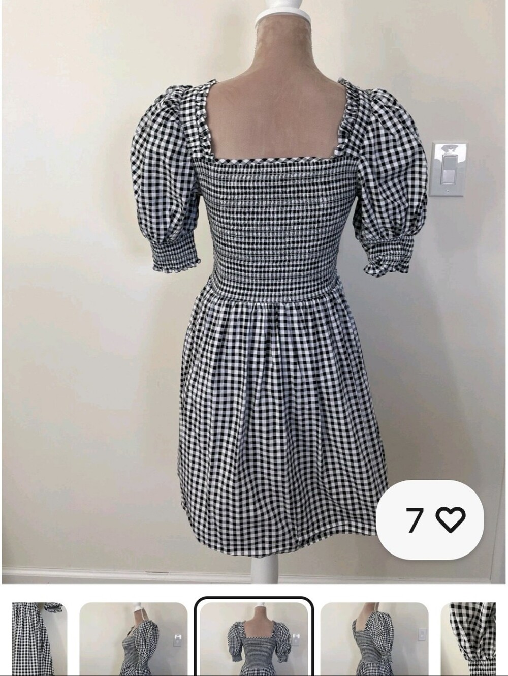 Gingham Dress BLACK WHITE mini Puff Sleeves BABY DOLL FIT & FLARE Smocked Top M - Picture 3 of 8